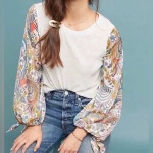 Anthropologie Maybelle Women L White Top with Peacock Tie Puff Sleeves Boho EUC